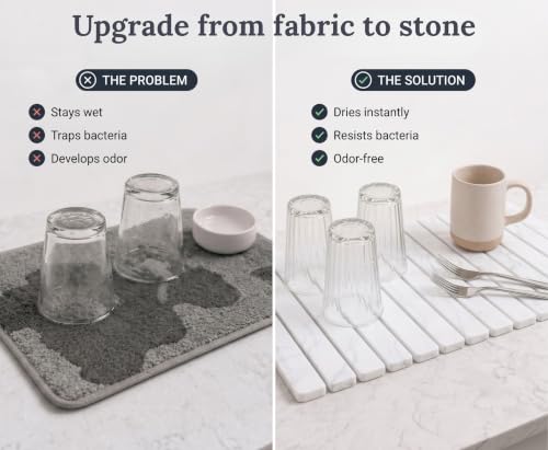 White Stone Dish Drying Mat for Kitchen Counter 24x16, Quick Dry Non-Slip Diatomaceous Earth Pad - Large, Rollable & Multipurpose