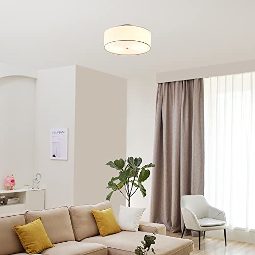 Flush Mount Ceiling Light with Linen Shade - Matte Brass 2-Light Fixture