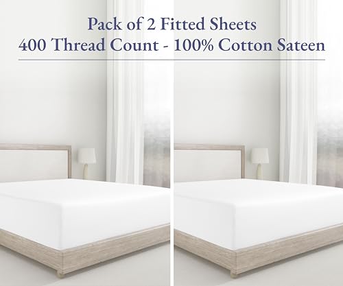 Queen Fitted Sheet 2 Pack - 100% Cotton Sateen Deep Pocket White - Variation 01