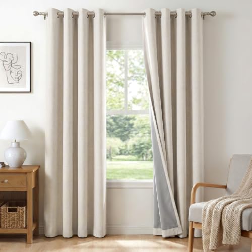 Alba Beige Blackout Linen Curtains 84 Inch Long 2 Panels Set - Light-Blocking Window Treatment