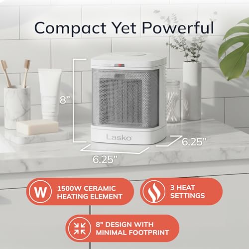 Lasko 8-Inch Ceramic Space Heater for Bathroom - CD08200, White