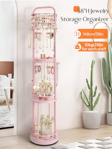 Pink Rotating Jewelry Organizer Stand with Earring, Necklace & Bracelet Storage