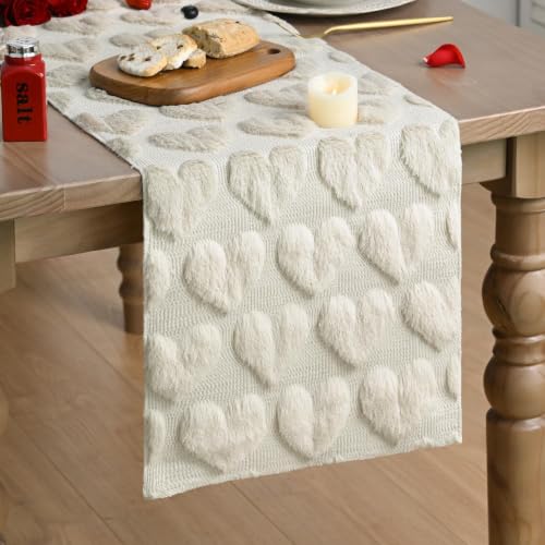 Artoid Mode Beige Soft Plush Faux Fur Jacquard Love Heart Table Runner 13x72 - Home Kitchen Decor