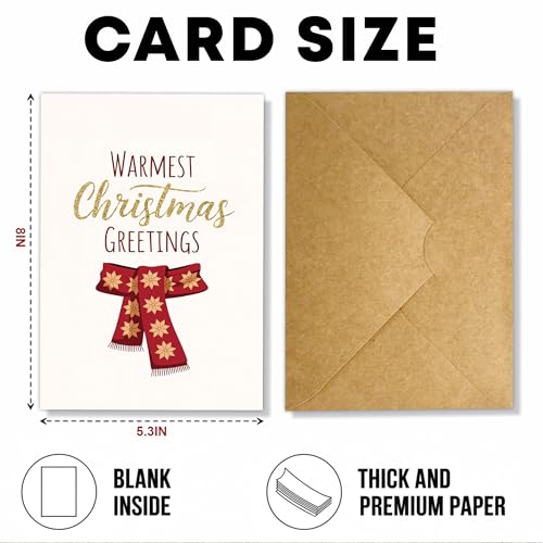 Warm Christmas Greetings Card with Red Scarf & Gold Accents - Holiday Stationery (5.3x8in)