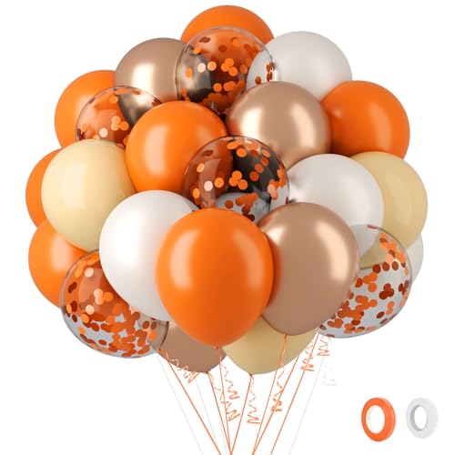 62Pcs Fall Balloons Set, 12 Inch Orange Champagne Gold Retro Ivory White Confetti Latex Balloons Kit with Ribbons, Party Balloons Kit for Birthday Thanksgiving Fall Wedding Party Decorations