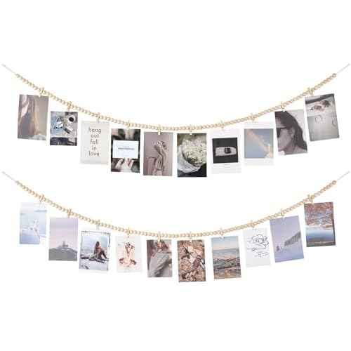 Mkono Hanging Photo Display with Clips, Boho Wooden Bead Garland Banner, Collage Card Picture Kids Art Holder String with 10 Clips for Christmas Bedroom Dorm Decor, Teen Girl Gifts, Brown, 2 Pack