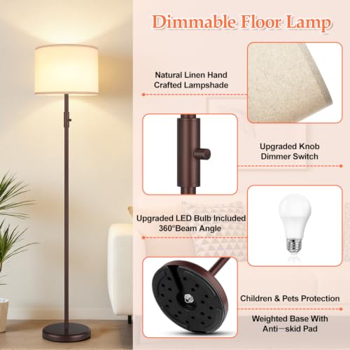 Yemela Upgraded Dimmable Floor Lamp with Linen Shade - Brown-Beige Tall Standing Light for Living Room & Bedroom