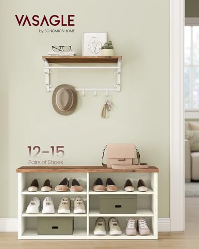 VASAGLE Rustic White & Honey Brown Shoe Bench with Adjustable Shelves, 11.6 x 39.4 x 19.7 Inches