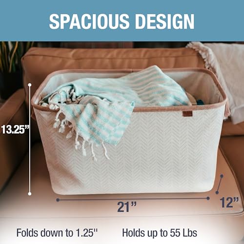 Cream Herringbone Collapsible Laundry Basket 2 Pack - 60L Space-Saving Storage