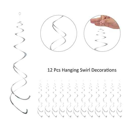 12 Pieces Hanging Swirl Decorations Plastic Streamer Party Swirl Spiral Decorations for Ceiling, Wedding Baby Shower Birthday Party Supply (Silver)