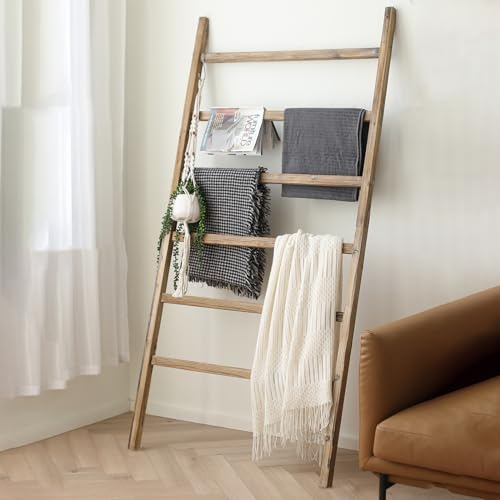 Extra Wide Wooden Blanket Ladder 38 Inch Rustic Decor Rack - Burnt Brown, 6.4ft
