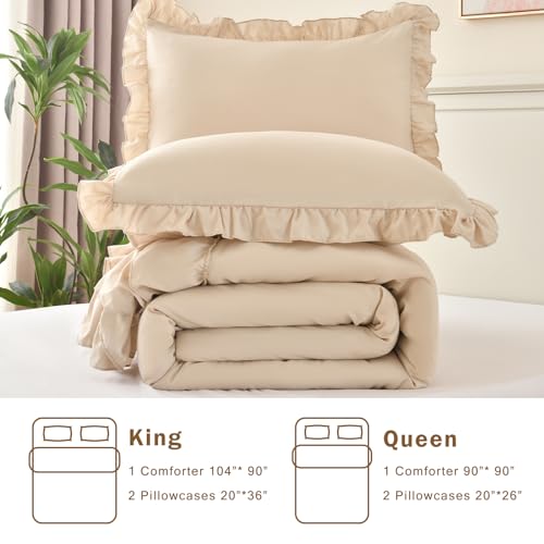 Beige Queen Comforter Set with Ruffle Farmhouse Bedding - 3 Pieces