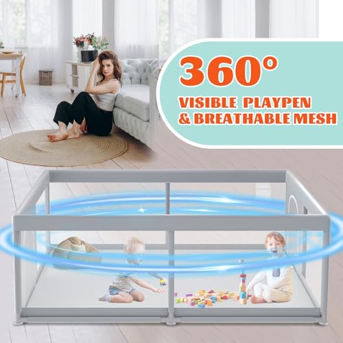 XVISHX 79x79 Inch Extra Large Baby Playpen with Soft Breathable Mesh, No Mat, Grey
