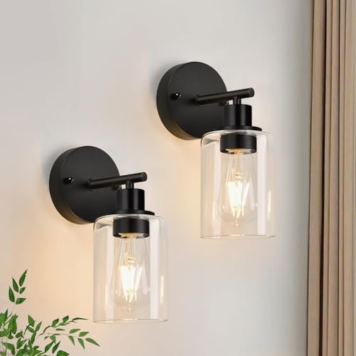 Matte Black Wall Sconces Set of 2 with Clear Glass Shades - Reversible Mounting Bathroom Vanity Lights