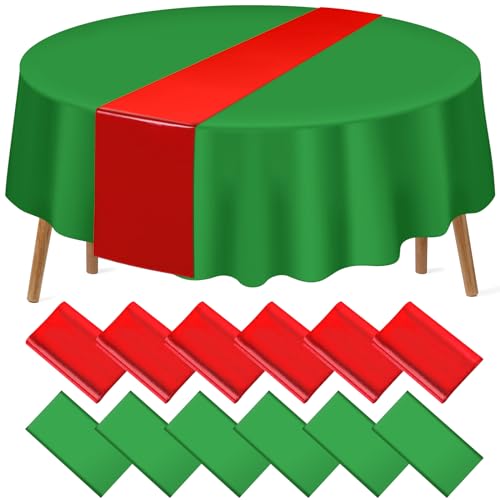 MASHAN 12 Pack Green Red Satin Table Runners & 84-Inch Plastic Christmas Tablecloths Set