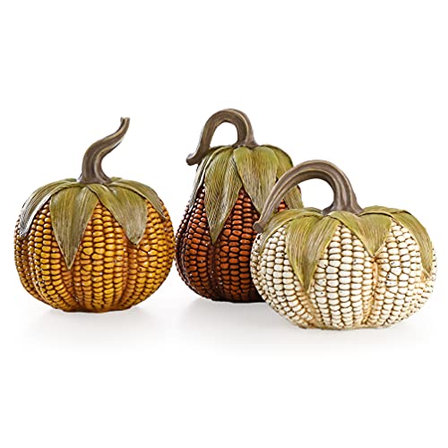 Large Fall Decorative Pumpkins Set of 3 - Valery Madelyn Resin Corn Figurines for Indoor & Outdoor Autumn Home Decor