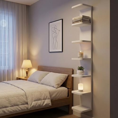 7 Tier Wall Shelf Unit - White Floating Shelves with Curved Edges for Storage & Display