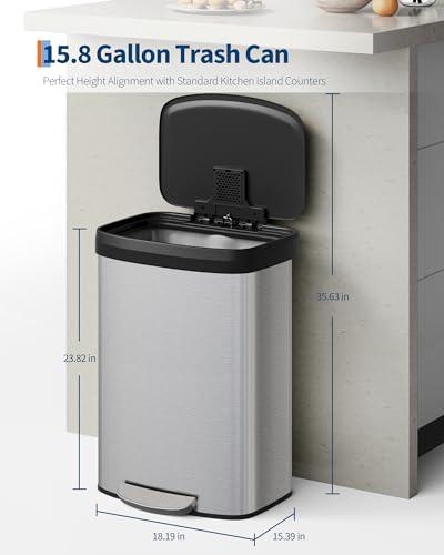 15.8 Gallon Stainless Steel Trash Can with Lid - Rustproof Kitchen Waste Bin, Silver