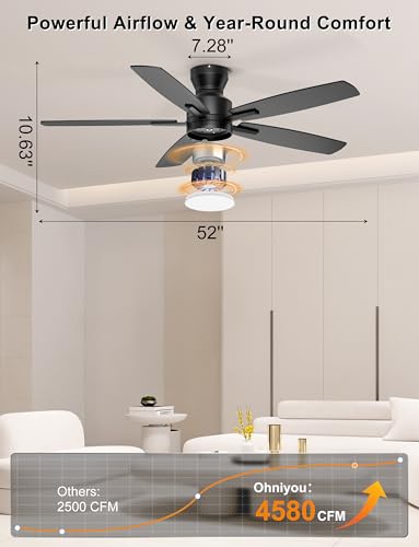 Low Profile Ceiling Fan with Lights 52 Inch Black Remote & App Control
