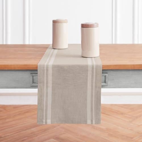 Solino Home 100% Pure Linen Table Runner White & Natural 14 x 108 in French Stripe