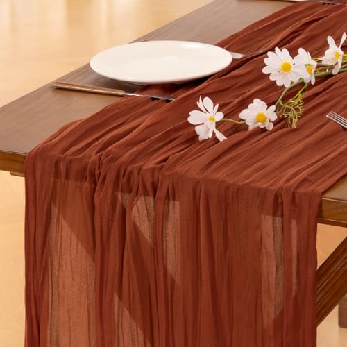 Socomi Thanksgiving Fall Table Runner Terracotta Cheesecloth Gauze Burnt Orange Boho Rustic Farmhouse 120 inch 10FT Cheese Cloth Runner for Wedding Party Baby Shower Home Decor Holiday Decorations