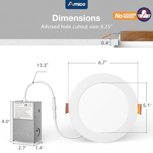 Amico White 6 Inch LED Recessed Downlight 5 CCT Canless Wafer Light