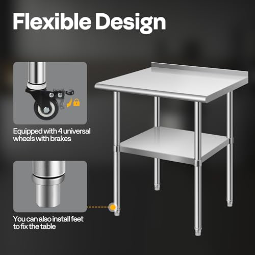 VIVOHOME 24 x 18 Inch Stainless Steel Work Table with Backsplash & Wheels, Height-Adjustable Shelf