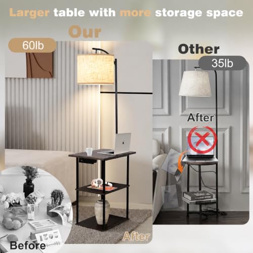 PESRAE Rustic Brown Floor Lamp with Table & Remote Control - 3-Tier Side Table with Charging Station