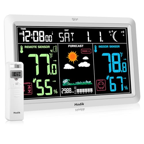 HODIK White Wireless Indoor Outdoor Weather Station with Atomic Clock & Color Display
