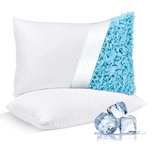 NTCOCO White Cooling Queen Size Shredded Memory Foam Pillow Set of 2 - Hypoallergenic, Removable Cover, Adjustable Loft for Side & Back Sleepers