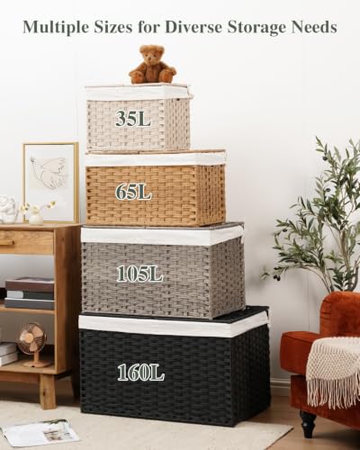 SETVSON Rattan Storage Basket with Lid, 65L Foldable Woven Bins for Bedroom & Laundry