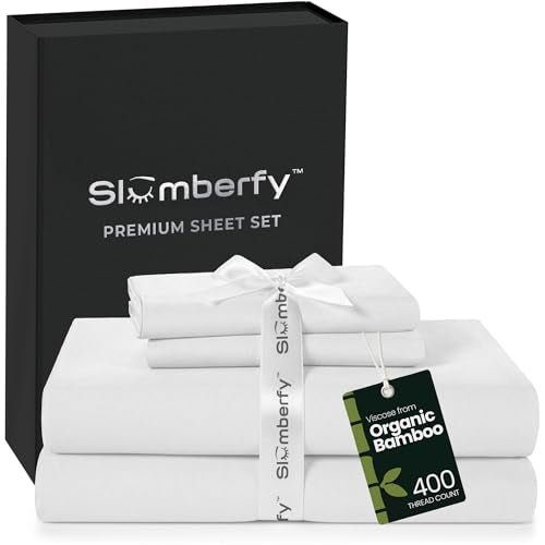 King Size Bamboo Viscose Sheets Set - Deep Pocket Cooling Bed Sheets with Magnetic Closure - White - 4 Piece
