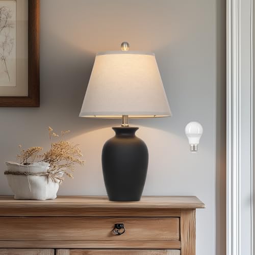 Black Ceramic Farmhouse Table Lamp - 22 Inch Rustic Ginger Jar Accent Light