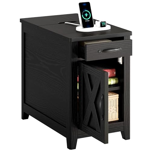 IRONCK End Table with Charging Station - Narrow Black Side Table with Storage