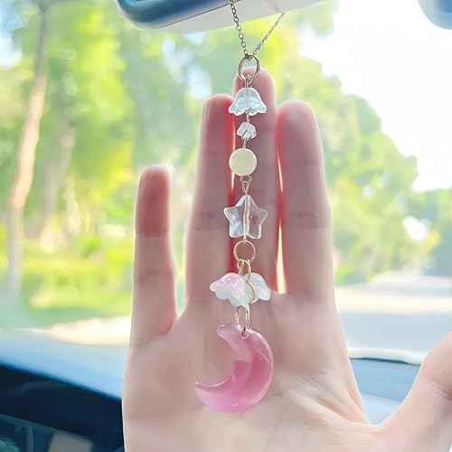 Moon Star Rearview Mirror Accessories Cute Pink Crystal Moon Star Lilly of The Valley Flower Sun Catcher Car Hanging Ornament Charm for Women Car Decor
