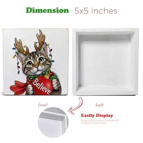 Cat Christmas Wood Box Sign Decor Xmas Cat Block Sign Christmas Holiday Home Table Desk Shelf Decoration