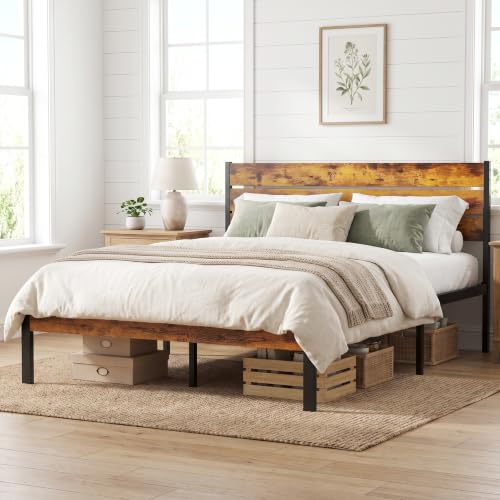 Wooden Queen Bed Frame with Metal Slats Support - 14 Inch High, 800LBS Capacity, Industrial Rustic Design