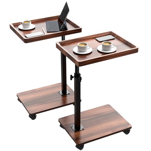 Walnut Brown Adjustable C End Side Table with 360° Swivel & Wheels, Space-Saving Sofa & Bed Snack Table - XNSDXV