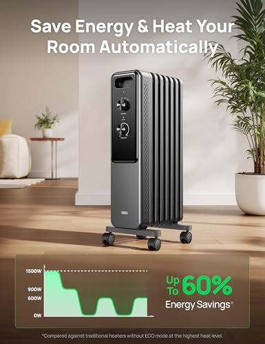 DREO Oil Filled Radiator Heater - Gray, Quiet Electric Space Heater for Large Rooms