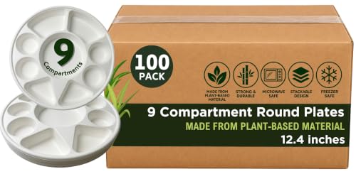 9 Compartment Round Biodegradable Plates Pack of 100 - Eco-Friendly, Heavy-Duty, 12.44 Inch