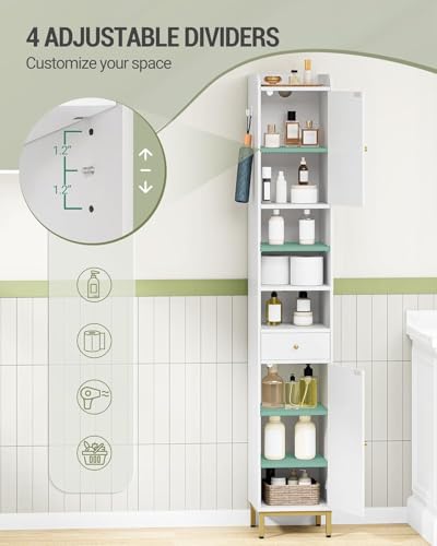 White Tall Bathroom Cabinet with Adjustable Shelves and Drawer - 11 x 11 x 70.9 Inches