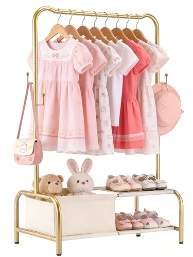 Kids Clothing Rack with Shelf & Hooks - Metal Toddler Dress Up Organizer, Gold