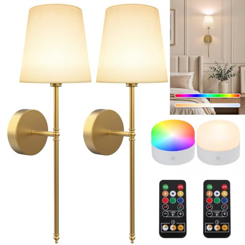23.8 Inch Gold Rechargeable Battery Wall Sconce Set of 2 with Magnetic Bulbs, Dimmable Wireless Wall Lights for Bedroom Living Room Hallway