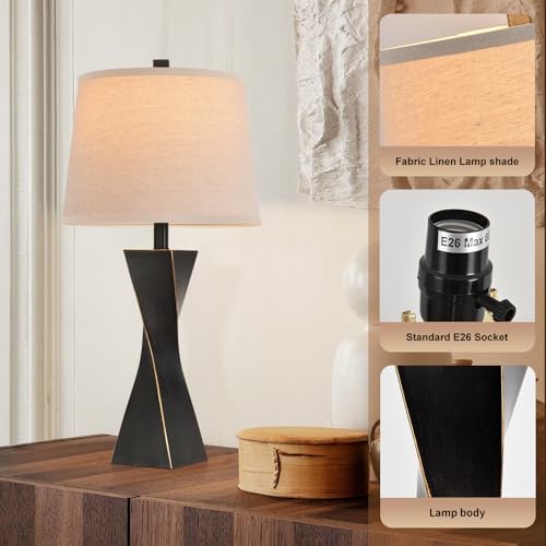 Liyicha Black Gold Set of 2 Modern Vintage Bedside Table Lamps, 26.5-Inch Linen Shade