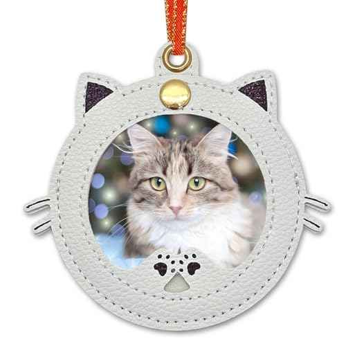 Cat Shape Picture Frames Ornament for Christmas Tree Picture Frames Christmas Ornament Leather White Personalized Cats Photo Frame Xmas Hanger Xmas Keepsake for Family Friends Cats Lover