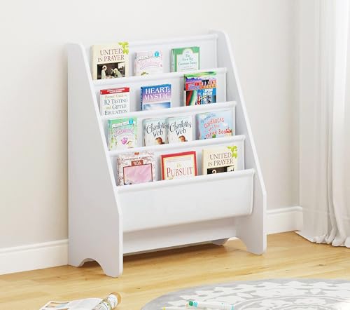 UTEX Kids Bookshelf Storage White Cotton Sling Organizing Shelf for Kids Rooms