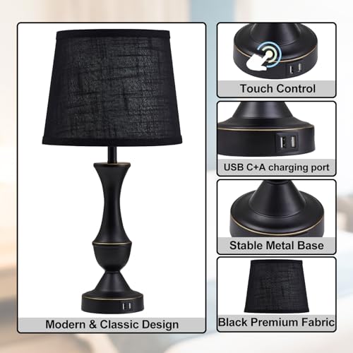 Black Touch Table Lamps Set of 2 - 22-Inch Bedside Lamps with USB Ports