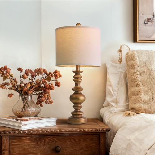 24-Inch Antique Gold Bedside Lamps Set of 2 with Linen Shades - Farmhouse Style, Medium Size Variation of Medium-24"