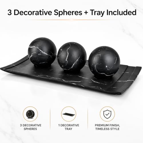 Black Marble Look Home Decor Bowl and Orb Set - Coffee Table Centerpiece, Living Room Accent - Matte Finish
