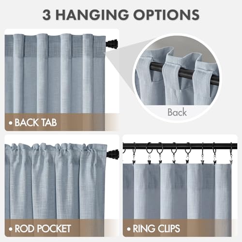 Chambray Blue Linen Textured Semi Sheer Curtains Set of 2 - 42W x 96L, Farmhouse & Living Room